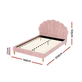 Artiss Bed Frame Double Size Scallop - Shape Bedhead Beds Base Pink Velvet Fabric - RnR Galore