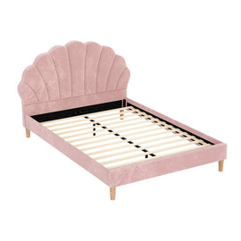Artiss Bed Frame Double Size Scallop - Shape Bedhead Beds Base Pink Velvet Fabric - RnR Galore