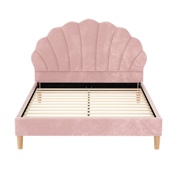 Artiss Bed Frame Double Size Scallop - Shape Bedhead Beds Base Pink Velvet Fabric - RnR Galore