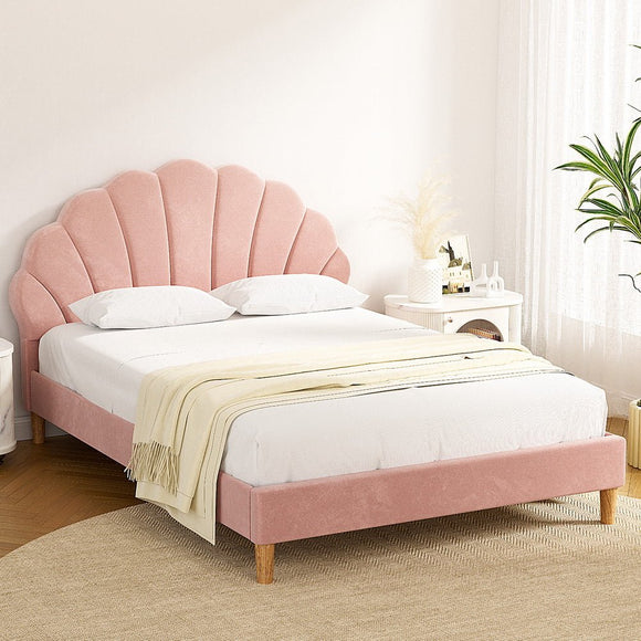 Artiss Bed Frame Double Size Scallop - Shape Bedhead Beds Base Pink Velvet Fabric - RnR Galore