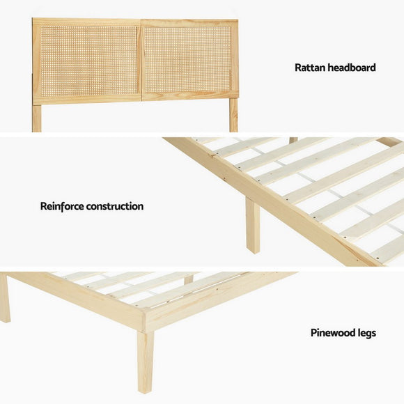 Artiss Bed Frame Double Size with Rattan Headboard Wooden Bed Base BRUNO - RnR Galore
