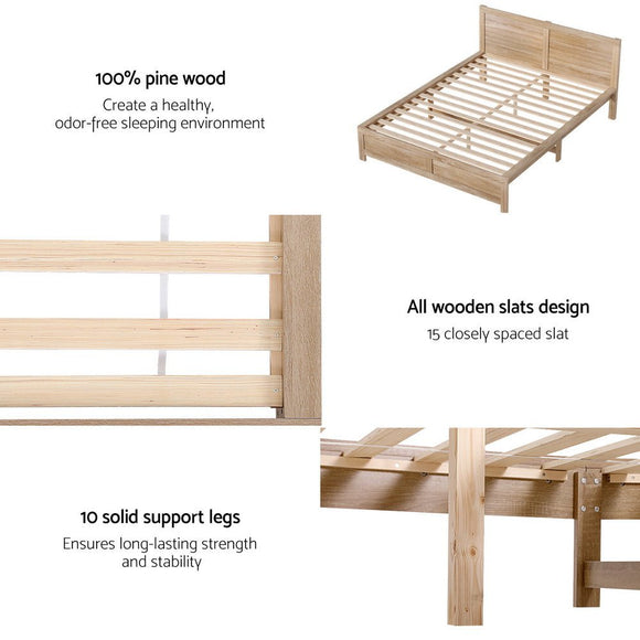 Artiss Bed Frame Double Size Wooden Acacia Wood OATMEAL - RnR Galore