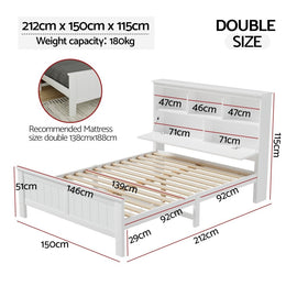 Artiss Bed Frame Double Size Wooden with 3 Shelves Bed Head White - RnR Galore