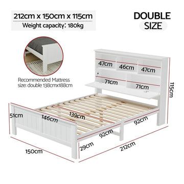 Artiss Bed Frame Double Size Wooden with 3 Shelves Bed Head White - RnR Galore