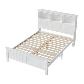 Artiss Bed Frame Double Size Wooden with 3 Shelves Bed Head White - RnR Galore