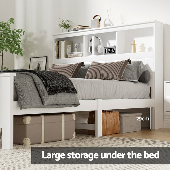 Artiss Bed Frame Double Size Wooden with 3 Shelves Bed Head White - RnR Galore
