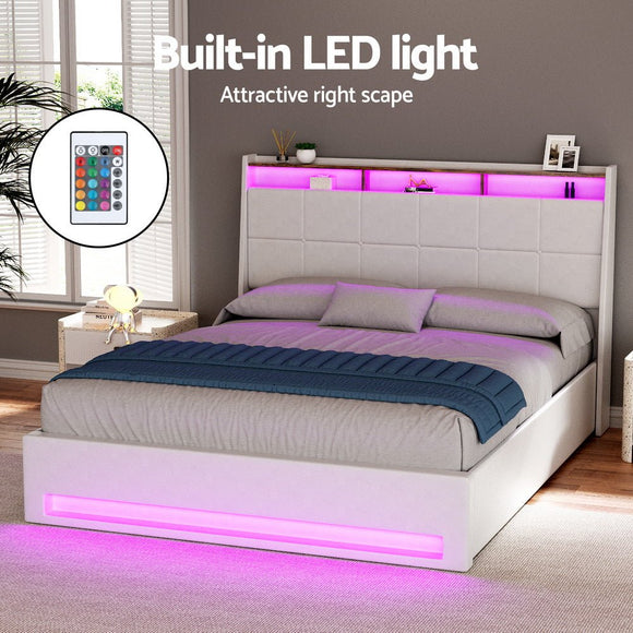 Artiss Bed Frame Gas Lift LED Beds Base Platform White PVC Leather Storage Headboard - Double - RnR Galore