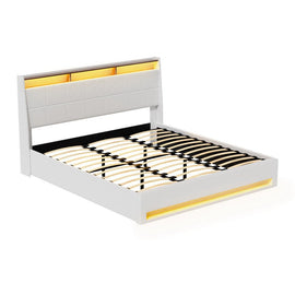 Artiss Bed Frame Gas Lift LED Beds Base Platform White PVC Leather Storage Headboard - King - RnR Galore