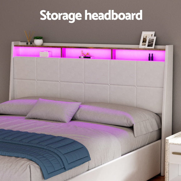 Artiss Bed Frame Gas Lift LED Beds Base Platform White PVC Leather Storage Headboard - Queen - RnR Galore