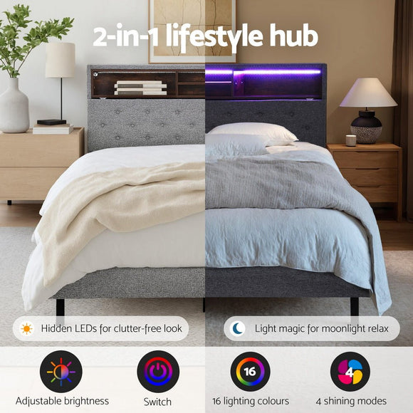 Artiss Bed Frame King Single Size LED Mattress Base Platform with Storage Shelf Hidden Storage Box Grey - RnR Galore