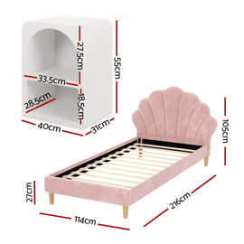 Artiss Bed Frame King Single with Bedside Table Set Scallop Headboard Pink Velvet Fabric Beds Base - RnR Galore