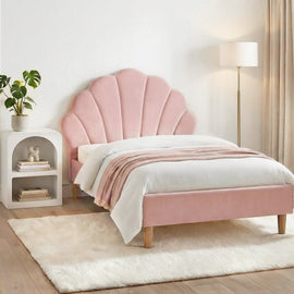 Artiss Bed Frame King Single with Bedside Table Set Scallop Headboard Pink Velvet Fabric Beds Base - RnR Galore