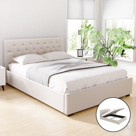 Artiss Bed Frame Queen Size Gas Lift Beige VILA - RnR Galore