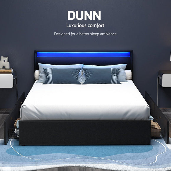 Artiss Bed Frame Queen Size LED with 4 Drawers Black DUNN - RnR Galore