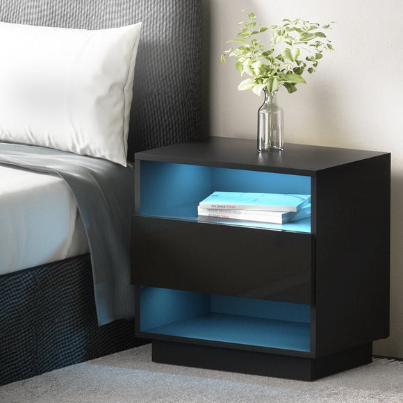 Artiss Bedside Table LED with 2 Shelves - HANA Black - RnR Galore