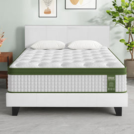 Artiss BedStory Queen Bed Frame Set with Hybrid Mattress and Leather Frame Medium White - RnR Galore