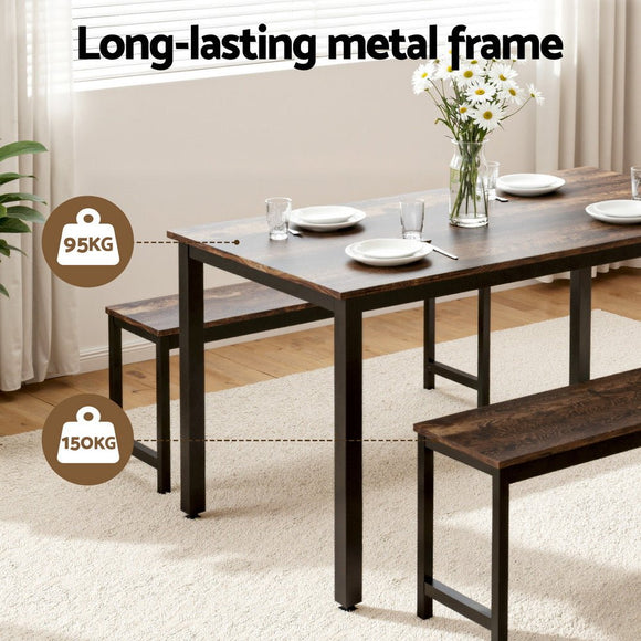 Artiss Dining Table and Chairs Set 3PCS Kitchen Metal Desk Bench Dark Walnut - RnR Galore