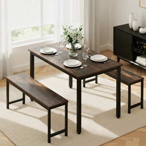 Artiss Dining Table and Chairs Set 3PCS Kitchen Metal Desk Bench Dark Walnut - RnR Galore