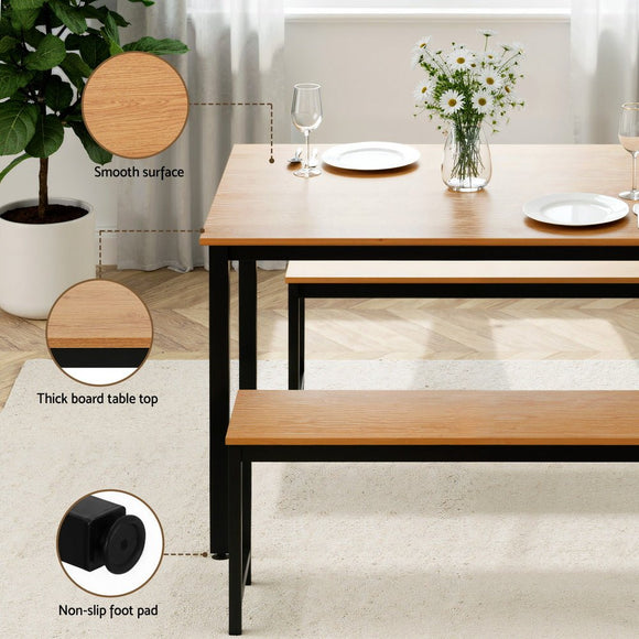 Artiss Dining Table and Chairs Set 3PCS Kitchen Metal Desk Bench Natural Oak - RnR Galore