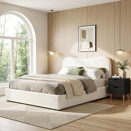 Artiss Double Bed Frame and Bedside Table Set Boucle Beige with Headboard Black Nightstand - RnR Galore