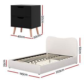 Artiss Double Bed Frame and Bedside Table Set Boucle Beige with Headboard Black Nightstand - RnR Galore