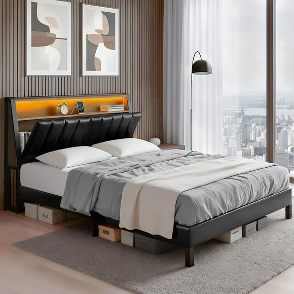 Artiss Double Bed Frame LED Storage Headboard with Charging Station Black - RnR Galore