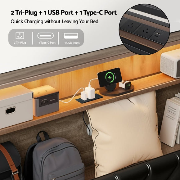 Artiss Double Bed Frame LED Storage Headboard with Charging Station Black - RnR Galore