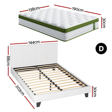 Artiss Double Bed Frame Platform White PVC Leather Hybrid Mattress Modern - RnR Galore