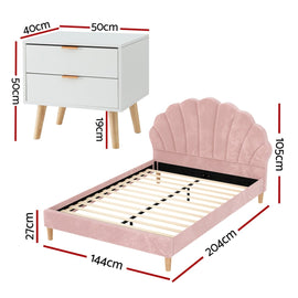 Artiss Double Bed Frame Scallop Headboard Pink Velvet with 2 Drawer Bedside Table - RnR Galore