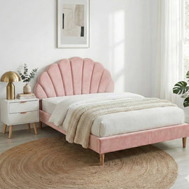 Artiss Double Bed Frame Scallop Headboard Pink Velvet with 2 Drawer Bedside Table - RnR Galore