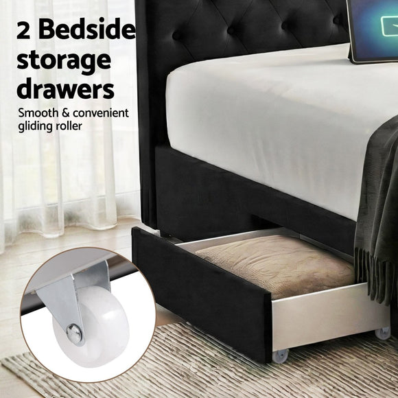 Artiss Double Bed Frame Storage Charging Station Upholstered 3 Drawers USB Type - C - RnR Galore