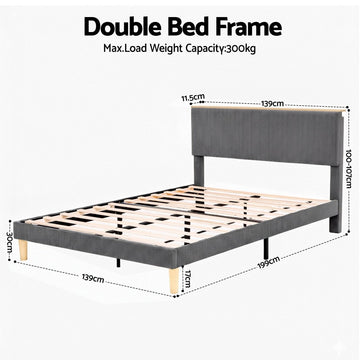 Artiss Double Bed Frame Upholstered Adjustable Headboard Mood Lighting Heavy Duty Grey Velvet - RnR Galore