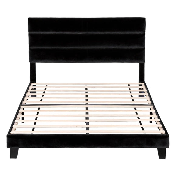 Artiss Double Bed Frame Upholstered Platform Base with Geometric Headboard Black Velvet - RnR Galore