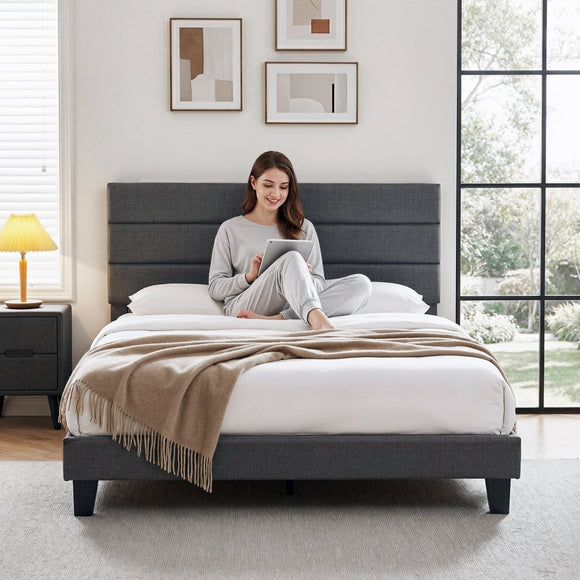 Artiss Double Bed Frame Upholstered Platform Base with Geometric Headboard Charcoal Grey Linen Wood Slats for Modern Bedroom Furniture Home Decor - RnR Galore