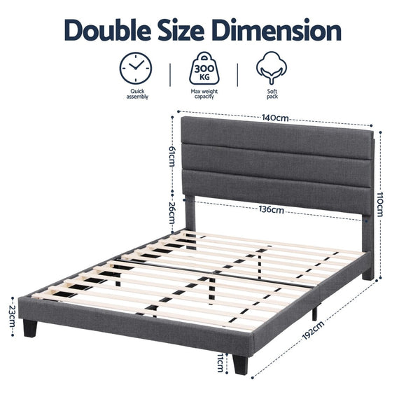 Artiss Double Bed Frame Upholstered Platform Base with Geometric Headboard Charcoal Grey Linen Wood Slats for Modern Bedroom Furniture Home Decor - RnR Galore