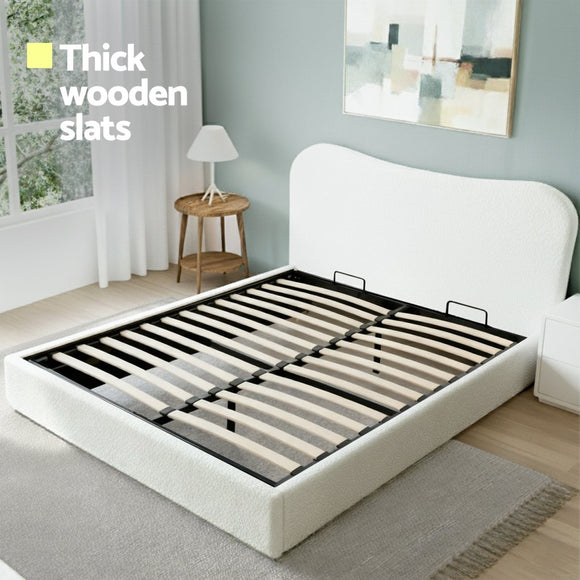 Artiss Double Bed Frame with Gaslift Storage Wooden Platform Mattress Base Boucle Upholstered White - RnR Galore