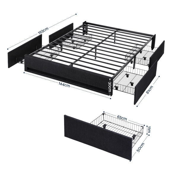 Artiss Double Bed Frame with Storage Drawers RGB Lights Charging Station Upholstered Fabric - RnR Galore