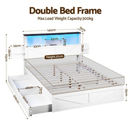 Artiss Double Bed Frame with Storage Drawers White Platform Bedframe with Bookcase Headboard Charging Station Led Light - RnR Galore