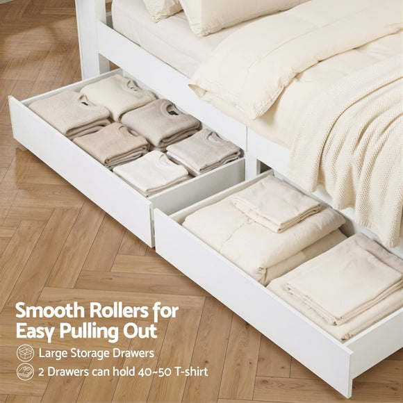 Artiss Double Bed Frame with Storage Drawers White Platform Bedframe with Bookcase Headboard Charging Station Led Light - RnR Galore