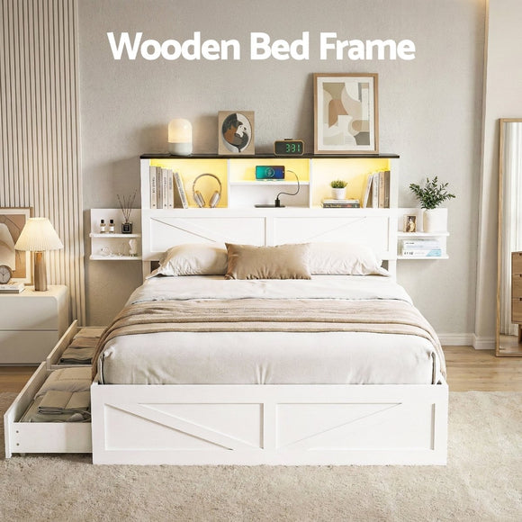 Artiss Double Bed Frame with Storage Drawers White Platform Bedframe with Bookcase Headboard Charging Station Led Light - RnR Galore