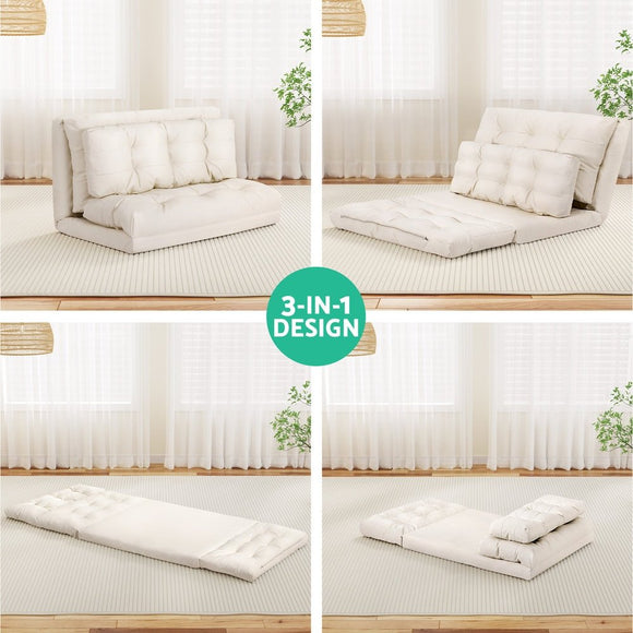 Artiss Floor Lounge Sofa Bed 2 Seater Pillow Leather White - RnR Galore