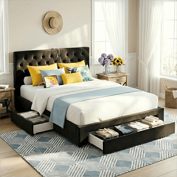 Artiss King Bed Frame Storage Charging Station Upholstered 3 Drawers USB Type - C - RnR Galore