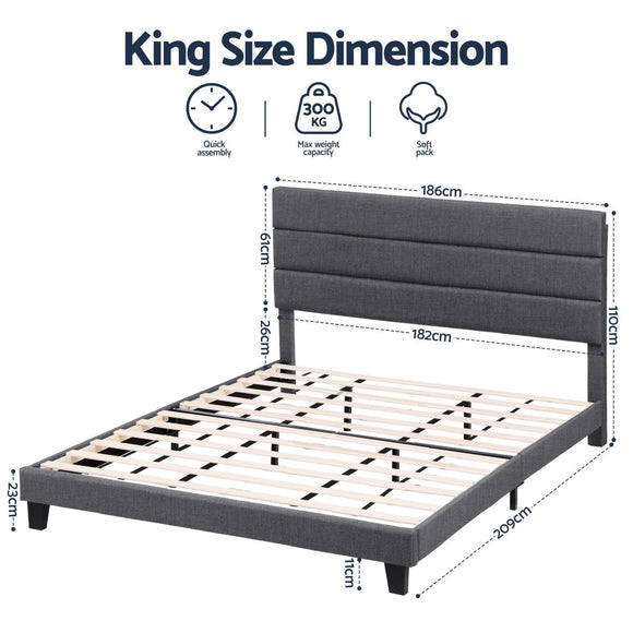 Artiss King Bed Frame Upholstered Platform Base with Geometric Headboard Charcoal Grey Linen Wood Slats for Modern Bedroom Furniture Home Decor - RnR Galore