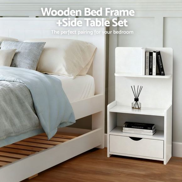 Artiss King Single Bed Frame and Bedside Table White - RnR Galore