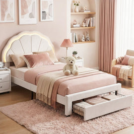 Artiss King Single Bed Frame with Storage Drawer Upholstered Velvet Platform Bed LED Headboard - RnR Galore