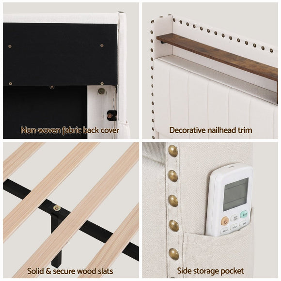 Artiss King Upholstered Bed Frame with Shelf Storage Drawers Charging Station Mood Lighting Linen - RnR Galore