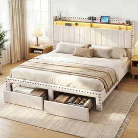 Artiss King Upholstered Bed Frame with Shelf Storage Drawers Charging Station Mood Lighting Linen - RnR Galore