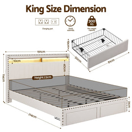 Artiss King Upholstered Bed Frame with Shelf Storage Drawers Charging Station Mood Lighting Linen - RnR Galore