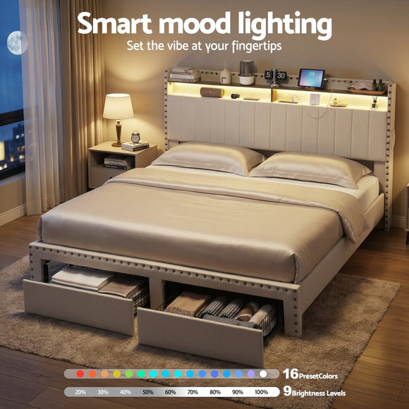 Artiss King Upholstered Bed Frame with Shelf Storage Drawers Charging Station Mood Lighting Linen - RnR Galore