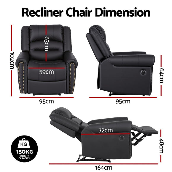 Artiss Leather Manual Recliner Chair with USB Charge Port, Overstuffed Armchair Sofa for Living Room and Nursery, Asjustable Theater Reclining Lounge with Comfortable Wide Seat, 150kg Capacity, Black - RnR Galore